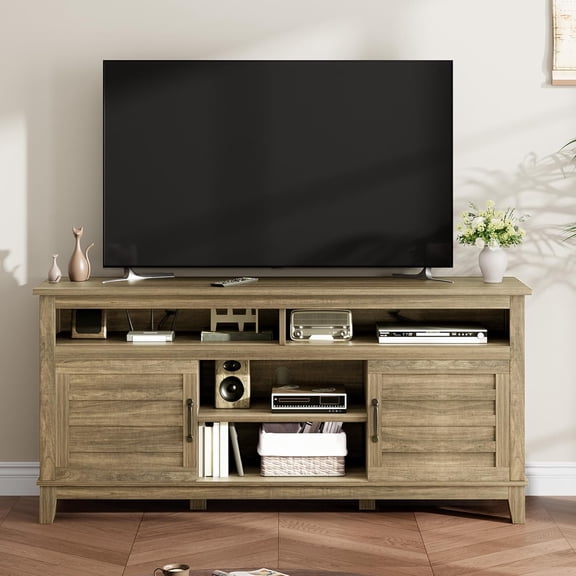 63-In Farmhouse TV Stand with Adjustable Shelves Cabinet Doors and Storage for Living Room and Bedroom Wood Color