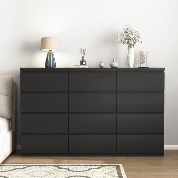 63 Inch 12 Drawer Dresser for Bedroom,Modern Wood Dresser Chest of Drawers with Large Storage Space for Bedroom, Sturdy Organizer for Closet, Living Room, Hallway,Black,63"x15.7"x38.5"