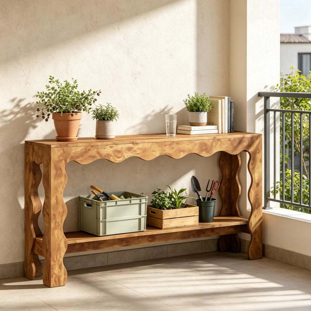 63 Inch 2-Tier Console Table with Scallop Design, Engineered Wood Accent Table with Curved Legs, Storage Sofa Table for Home Decor