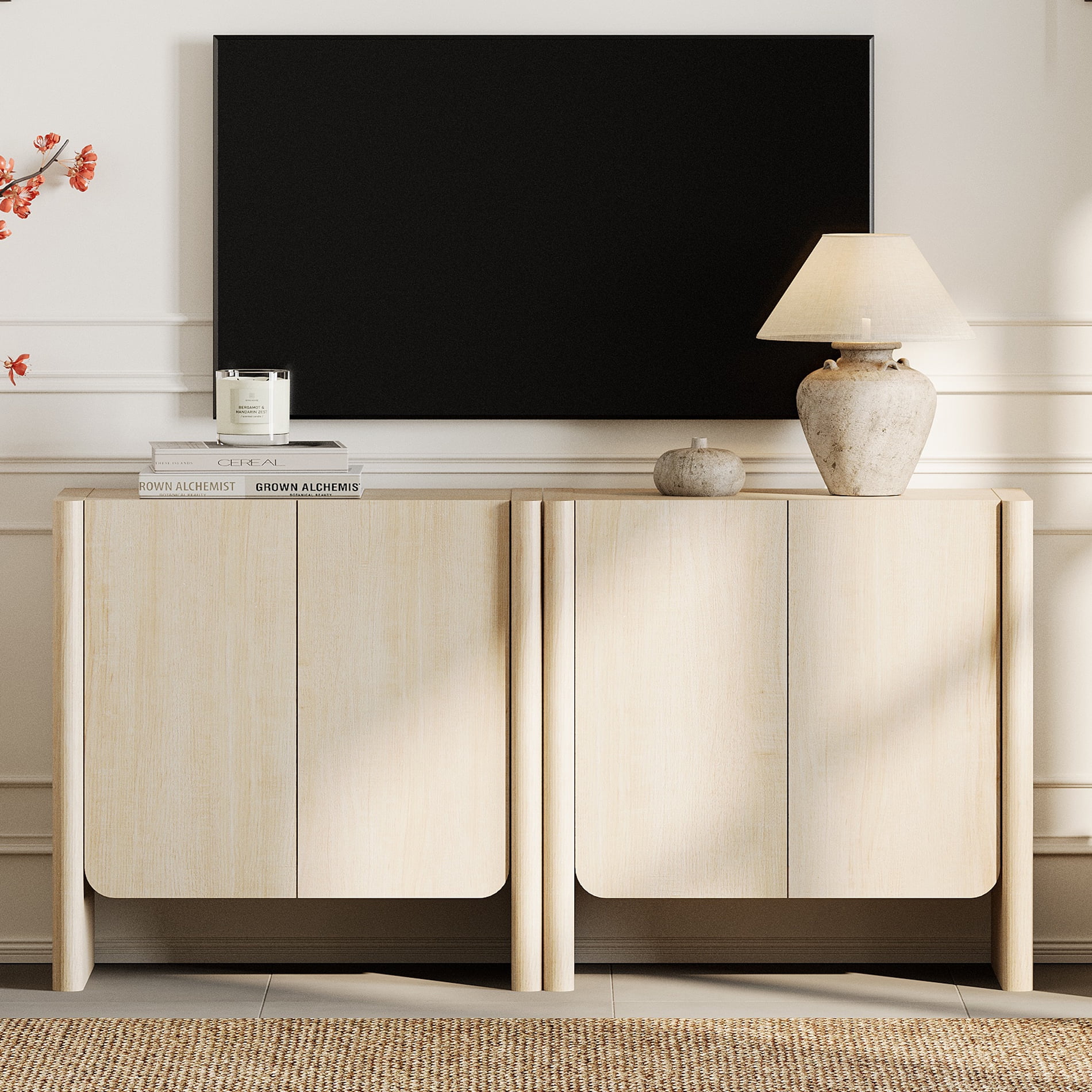 63-Inch 2-in-1 French Minimalist TV Stand for 70" TVs, 4-Door Media Console with Adjustable Shelves, Cable Management, Beige