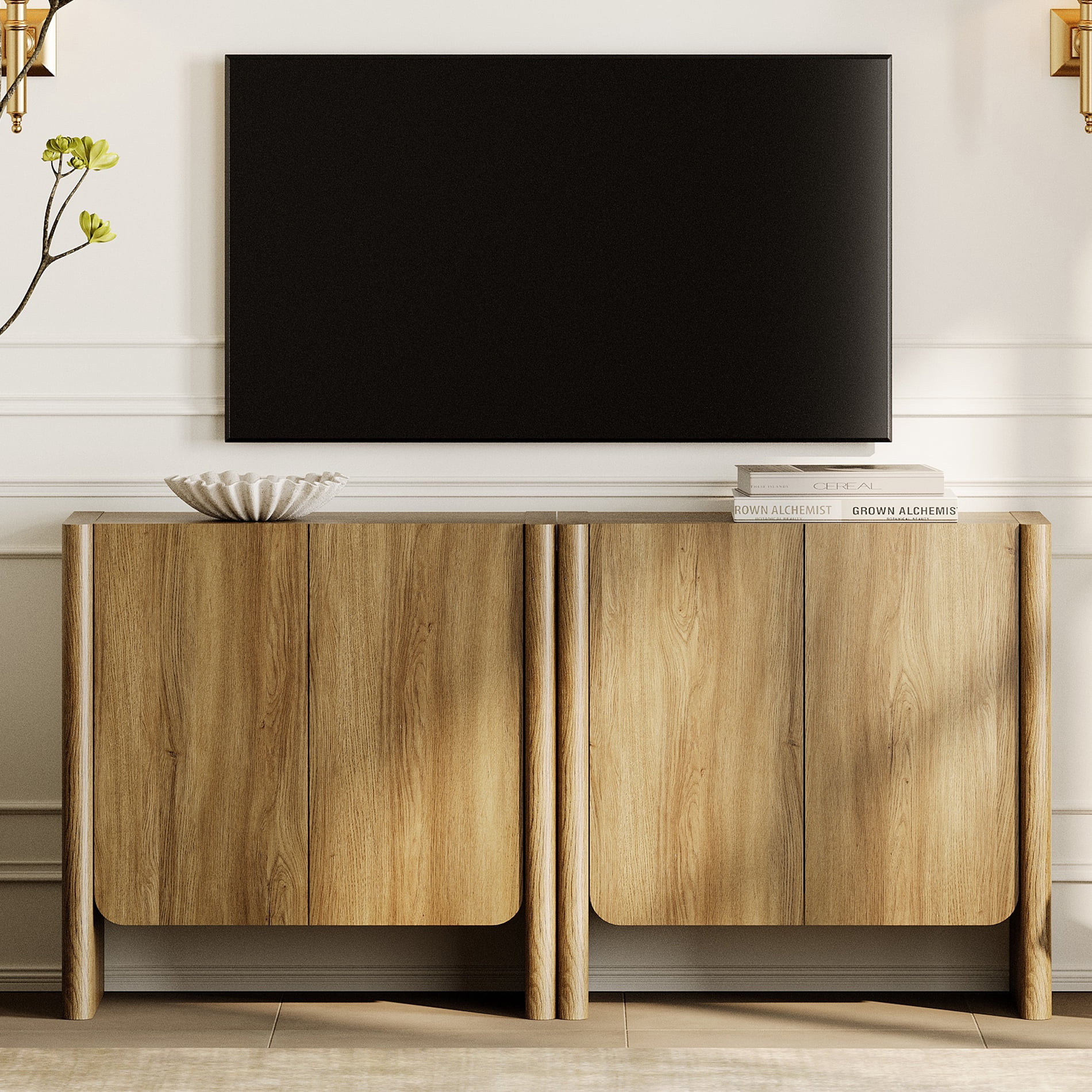 63-Inch 2-in-1 French Minimalist TV Stand for 70" TVs, 4-Door Media Console with Adjustable Shelves, Cable Management, Walnt