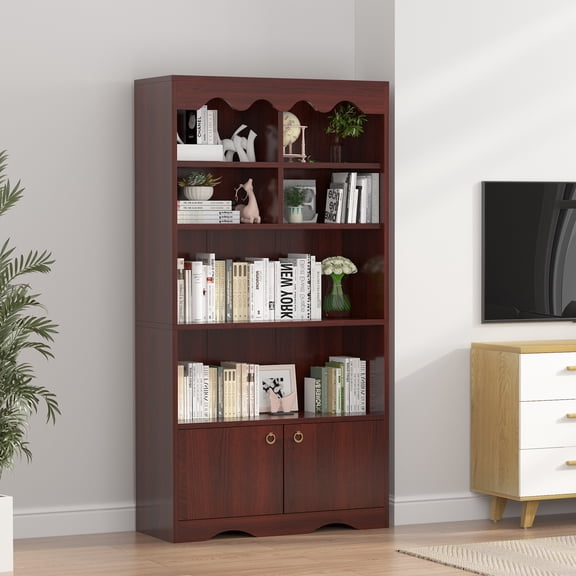 63 Inch 5-Tier Bookcase with Doors for Office – Modern Walnut Wood Bookshelf – Freestanding Storage Cabinet – Open Display Shelf – Ideal for Living Room, Bedroom, Library – Color: Walnut