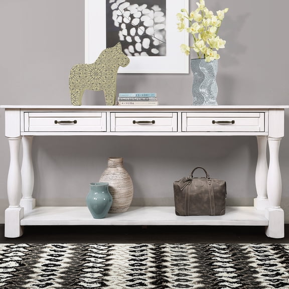 63-Inch Antique White Console Table | Drawers and Shelf for Daily Items, Entryway Use | Solid Pine Legs, Stable | Simple Assembly, Smooth Touch