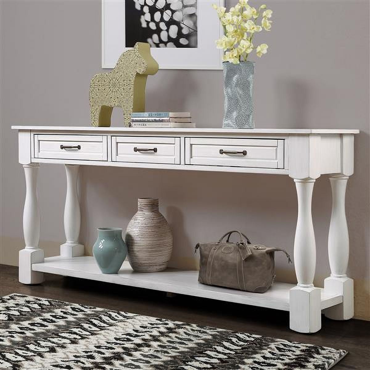 63 - Inch Antique White Solid Wood Console Table with 3 Drawers ...