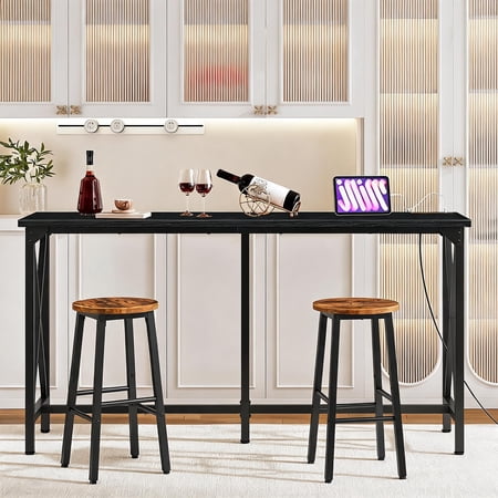 63 Inch Bar Table with Power Outlet and Footrest Industrial Style Black