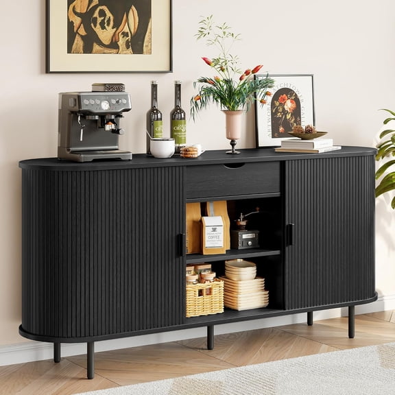 63-Inch Black Fluted Sideboard Buffet Cabinet with Drawers, Mid-Century Credenza and Coffee Bar