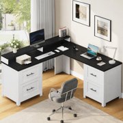 63 Inch Black & White L-Shaped Executive Desk, Large Corner Computer Desk with Monitor Stand, 4 File Drawers & Power Outlets, Home Office Storage Desk
