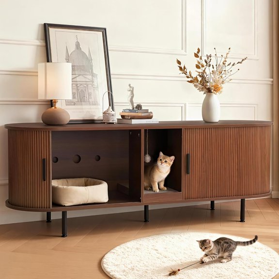 63-Inch Brown Fluted Cat Litter Box Enclosure Furniture with Scratch Pad and Sliding Door, Multi-Functional Cat House and TV Stand