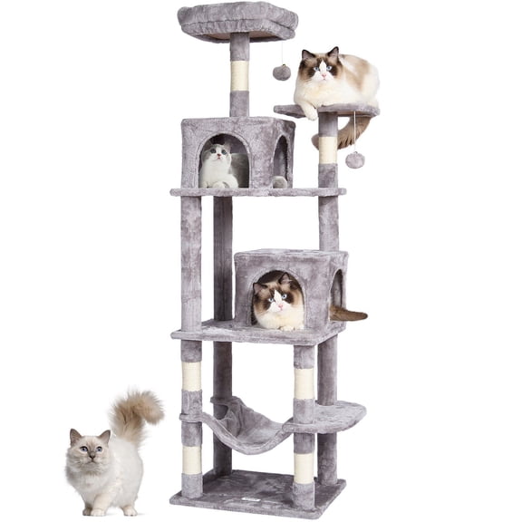 63 Inch Cat Tree Tower with 2 Condos Sisal Scratching Post Hammock Perch Platforms Activity Center Hanging Ball Light Grey