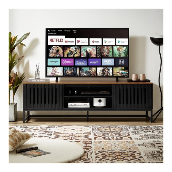 63 Inch Century Modern TV Stand with Slatted Grille Striped Doors, TV Stand with Storage, Entertainment Center for Living Room Bedroom, TV Media Console