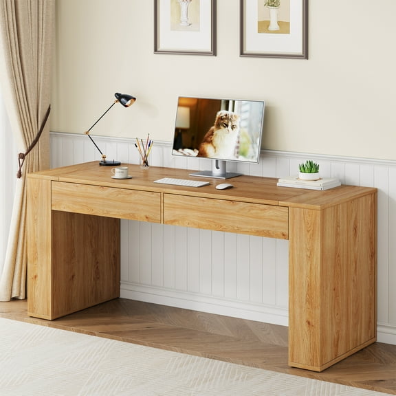 63-Inch Computer Desk with 2 Drawers, Farmhouse Home Office Desk with Storage, Wood Study Writing Table Workstation for Office, Study Room, Bedroom, Natural Oak