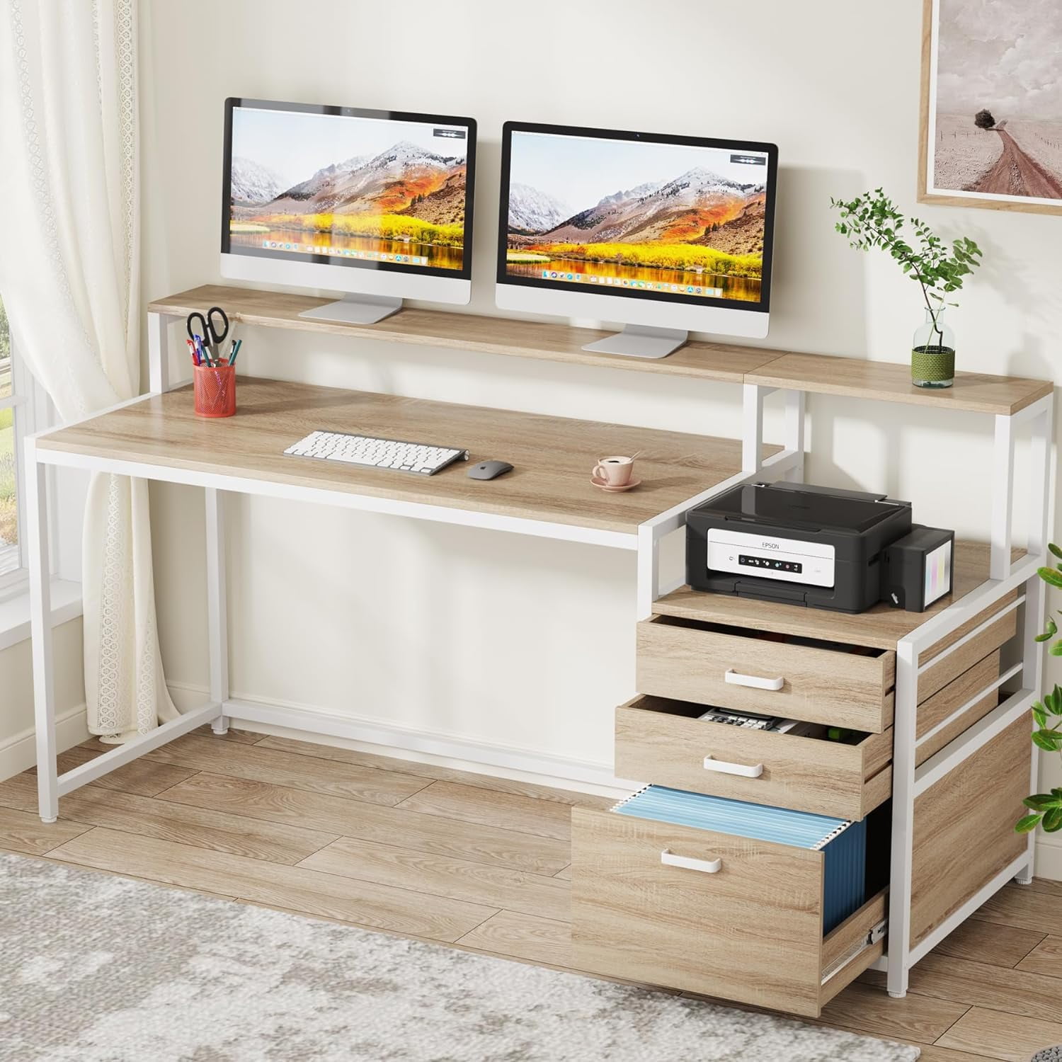 63 Inch Computer Desk with File Drawer Ergonomic Office Desk