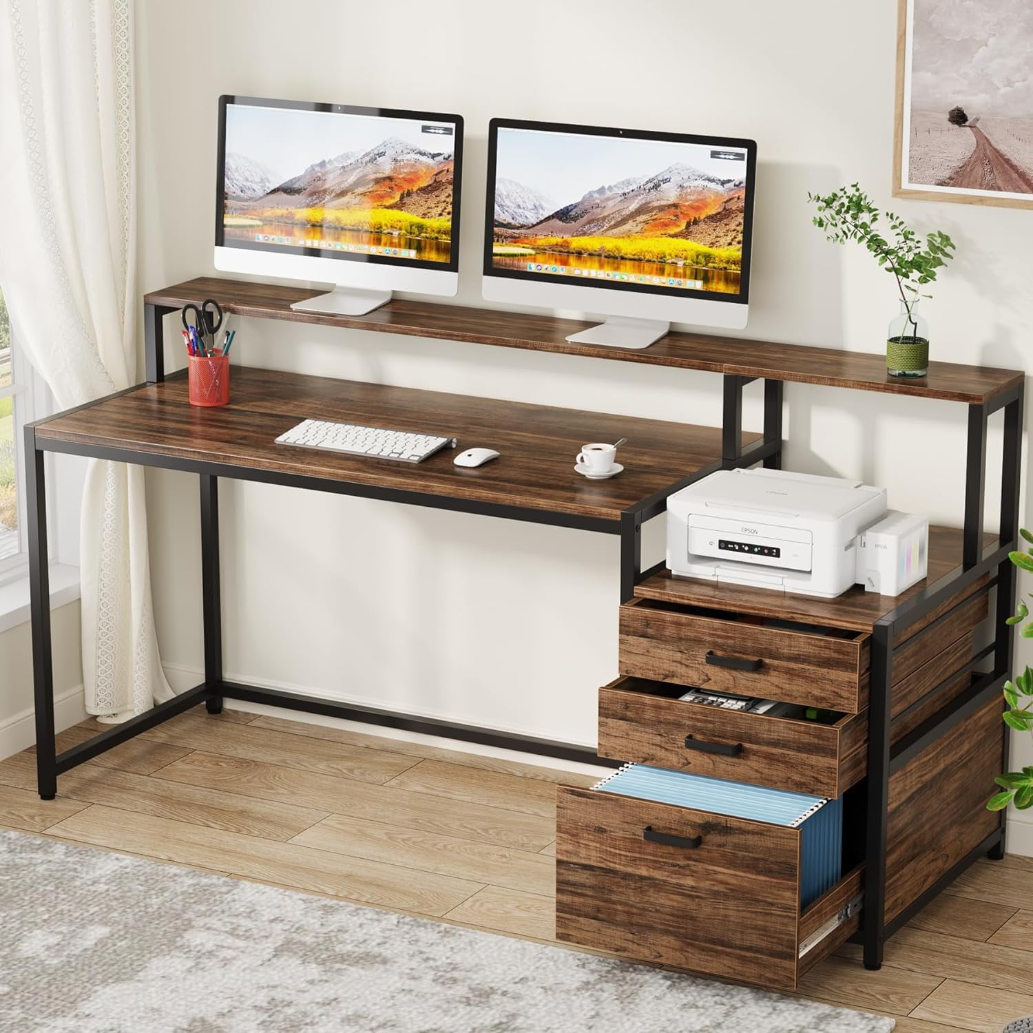63 Inch Computer Desk with File Drawer Ergonomic Office Desk