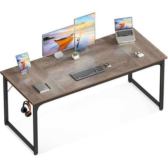 63 Inch Computer Desk for Home Office, Study Writing Table for Small Spaces, Simple Modern Desk with Headphone Hooks, Grey Oak
