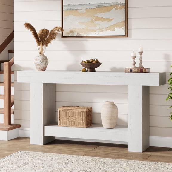 63 Inch Console Table, 2-Tier Farmhouse Sofa Table with Storage, Large Entryway Table for Living Room, Hallway, or Foyer
