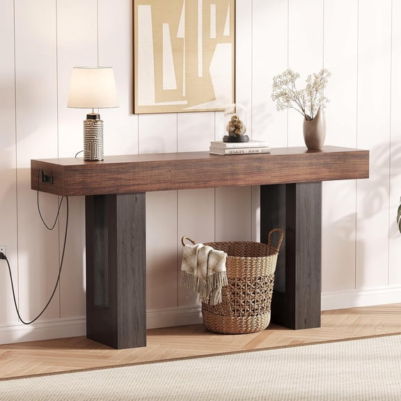 63 Inch Console Table with Power Outlet, Extra Long Sofa Table Behind Couch with USB & Type c Ports, Narrow Entryway Table for Hallway, Entrance, Living Room, 33.3" High, Rustic Brown & Gray