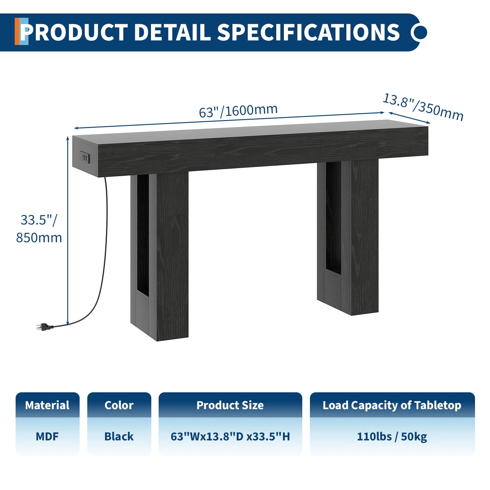 63 Inch Console Table with Power Outlet, Extra Long Sofa Table Behind Couch with USB & Type c Ports, Narrow Entryway Table for Hallway, Entrance, Living Room, 33.3" High