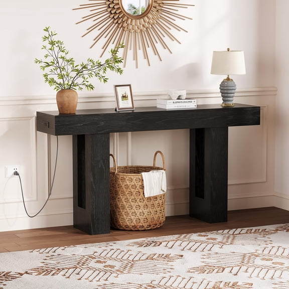 63 Inch Console Table with Power Outlet & USB-C Charging Station, Extra Long Sofa Table Behind Couch, Narrow Entryway Table for Hallway, Living Room, Foyer