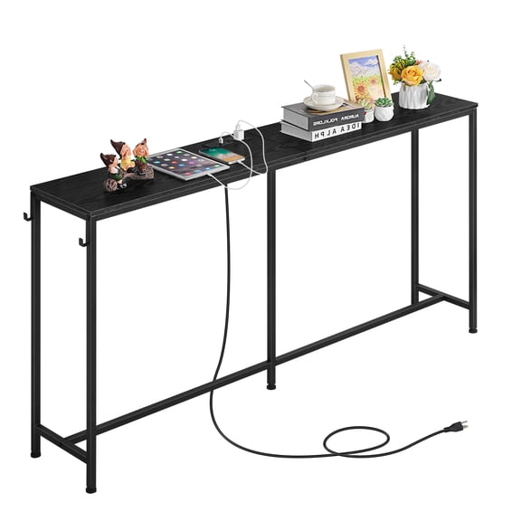 63 Inch Console Table with Charging Station, Narrow Entryway Sofa Table with Power Outlets