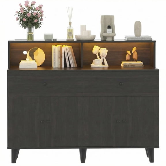 63-Inch Contemporary Credenza Cabinet with Textured Wave Doors, Freestanding Wood Sideboard, Multi-Functional TV Stand Console with Hidden Storage for Dining Room & Living Space, Black Walnut