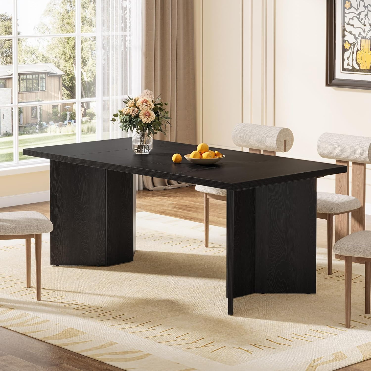 63-Inch Dining Table for 4-6, Modern Large Kitchen Table with Thickened Wood Base, Rectangular ...