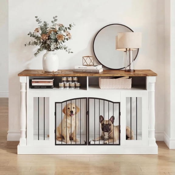 63 Inch Dog Crate Furniture for 2 Dogs, Heavy Duty Wooden Dog Kennel with Removable Divider, Roman Column Style,Open Storage,Double Doors, TV Stand for 2 Small/Medium Dogs or 1 Large Dog,Rustic Brown