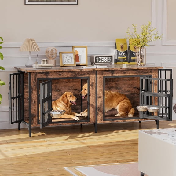 63 Inch Double Dog Crate Furniture with Rotating Feeder Bowls and 4 , Large Wooden Dog Kennel for 2 Dogs, Heavy Duty Dog House TV Stand with Removable Divider