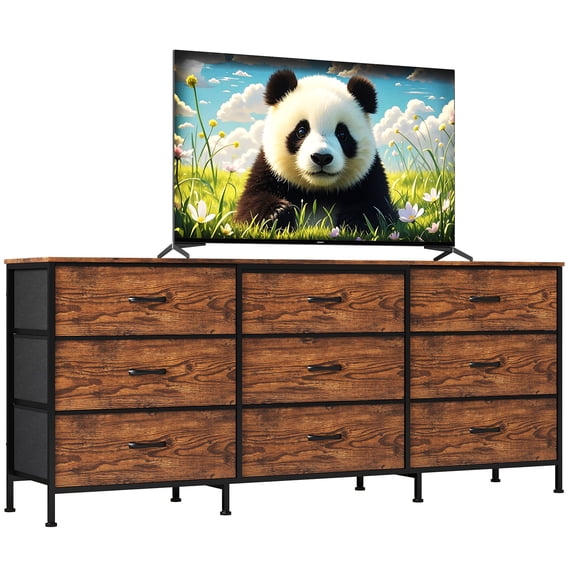 63 Inch Dresser TV Stand with 9 Fabric Drawers, Large Storage Chest for Bedroom Closet, Wide Entertainment Center for 55 65 70 Inch TV, Metal Frame & Particle Board Top