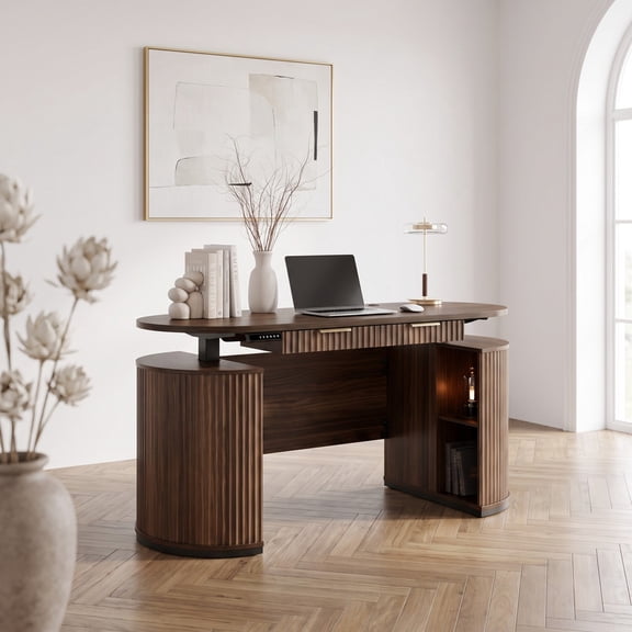63 Inch Electric Standing Desk with Storage, Executive Height Adjustable Computer Desk with Drawers, Fluted Wood Design, Privacy Panel, Shelves, 4 Memory Presets for Home Office, Black Walnut