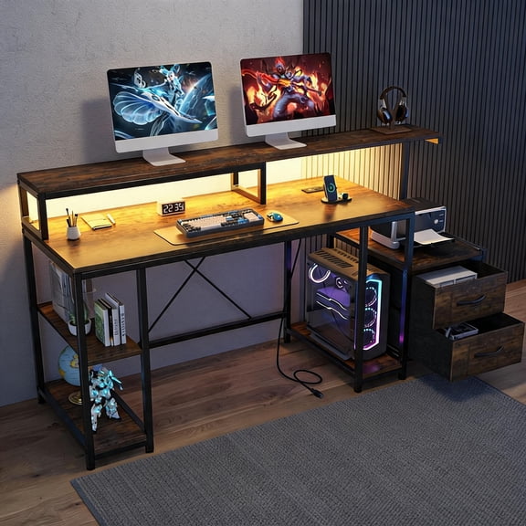63 Inch Engineered Wood Computer Desk With Built-In Charging Hub, RGB LED Strips And Detachable Monitor Stand
