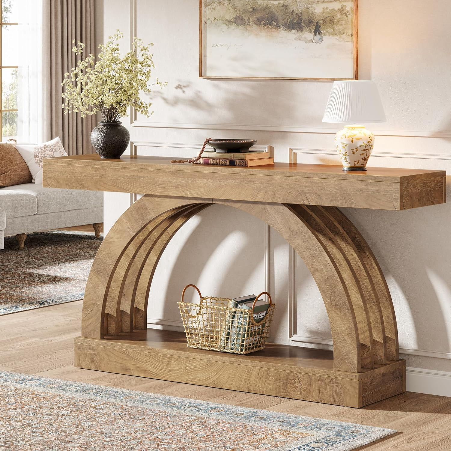 63-Inch Entryway Table, 2-Tier Sofa Table Behind the Couch, Farmhouse ...