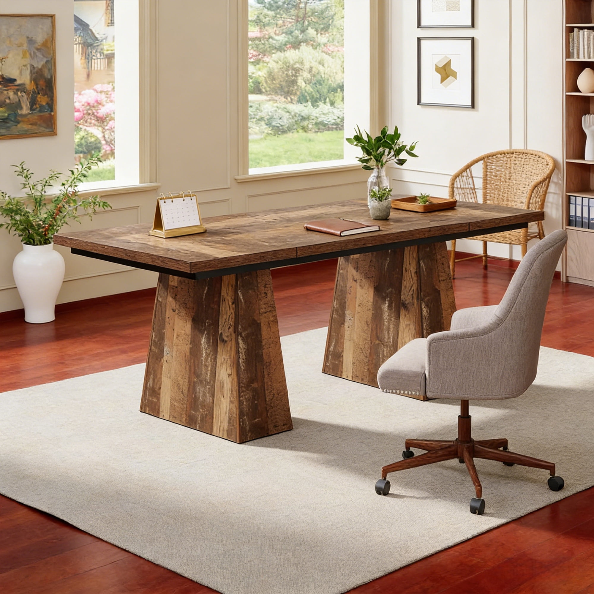 63-Inch Executive Desk, Large Home Office Computer Desk With Double Pedestal, Modern 250LB Heavy-Duty Workstation, Writing Table Conference Table, Espresso Brown Business Furniture