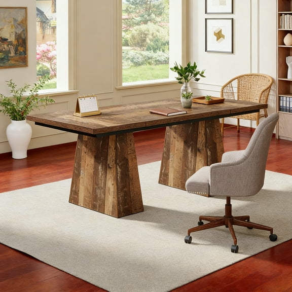 63-Inch Executive Desk, Large Home Office Computer Desk With Double Pedestal, Modern 250LB Heavy-Duty Workstation, Writing Table Conference Table, Espresso Brown Business Furniture