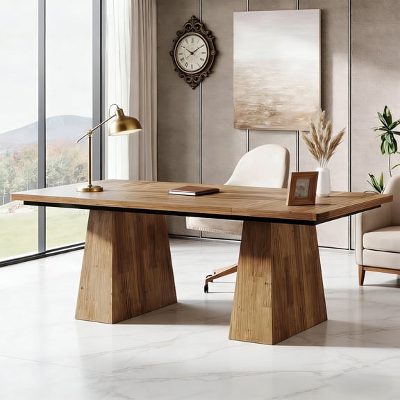 63-Inch Executive Desk, Large Home Office Computer Desk With Double Pedestal, Modern 250LB Heavy-Duty Workstation, Writing Table Conference Table, Light Brown Business Furniture