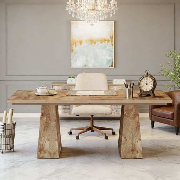 63-Inch Executive Desk, Large Home Office Computer Desk With Double Pedestal, Modern 250LB Heavy-Duty Workstation, Writing Table Conference Table, Natural Wood Business Furniture