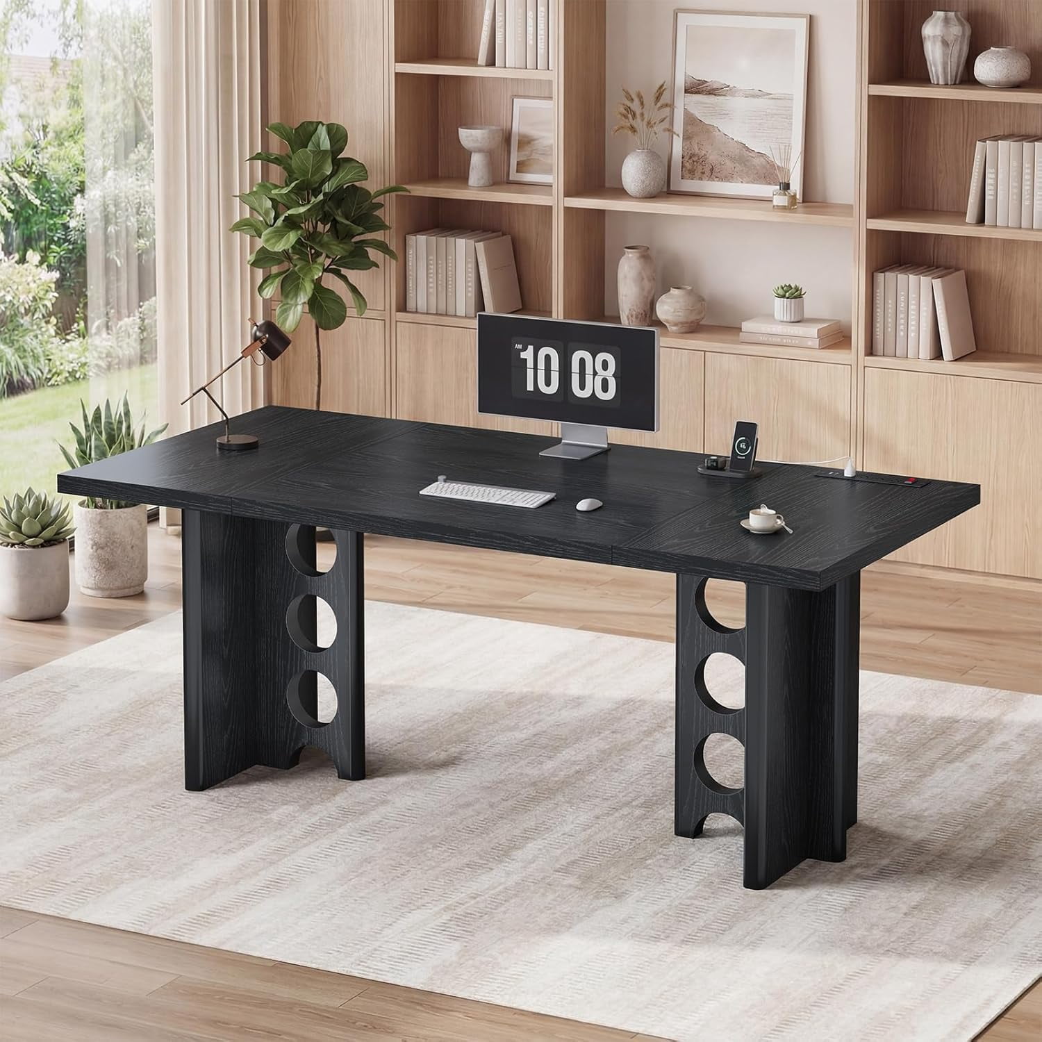 63 Inch Executive Desk with Power Outlet, Modern Computer Office Desks, Large Laptop Desk Writing Table Workstation Business Furniture for Home Office, Black