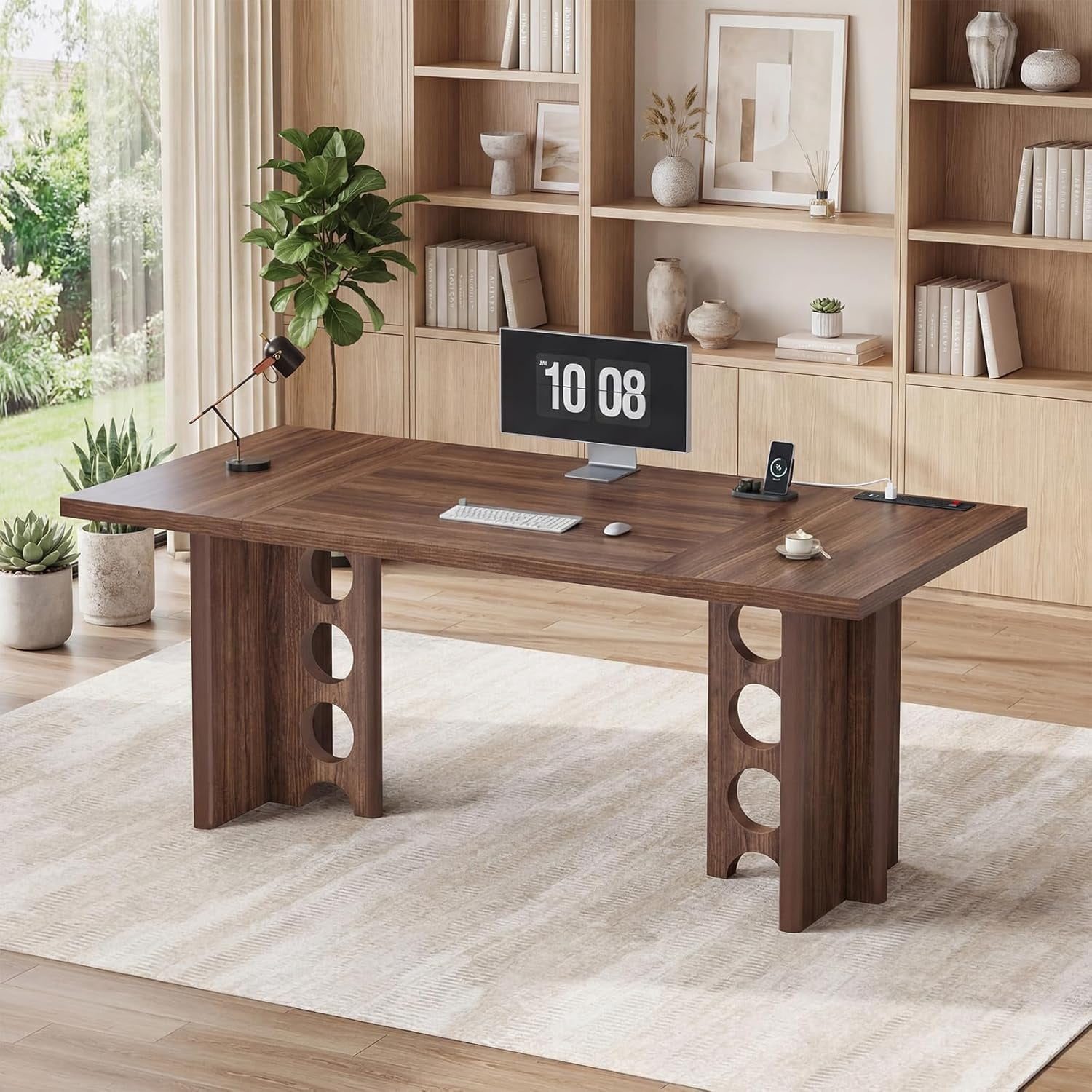 63 Inch Executive Desk with Power Outlet, Modern Computer Office Desks, Large Laptop Desk Writing Table Workstation Business Furniture for Home Office, Brown