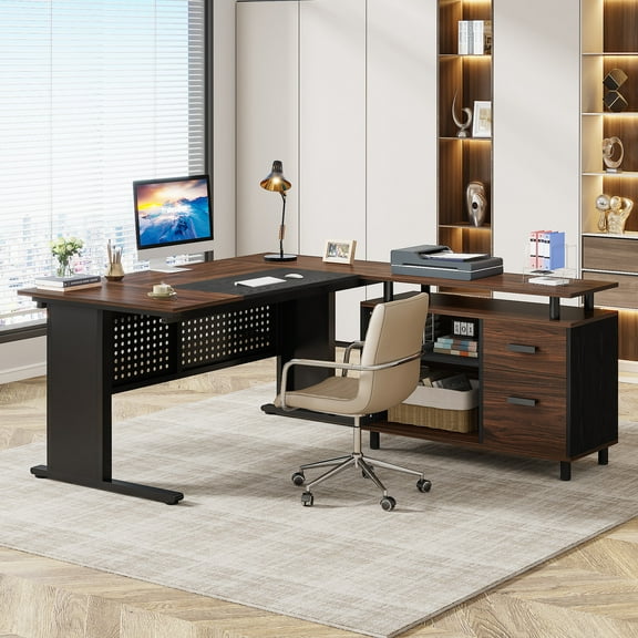63 Inch Executive Desk with File Cabinet, Large L Shaped Office Desk, Dark Walnut and Black