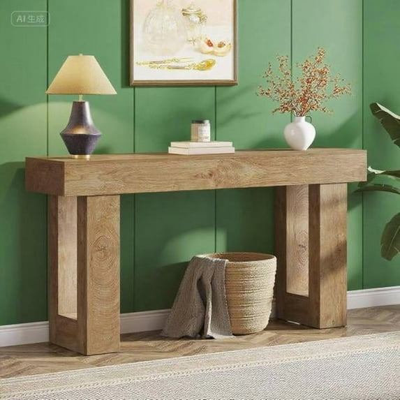 63-Inch Farmhouse Console Table - Engineered Wood MDF with Rustic Wood-Like Finish, Foot Pads for Stability - Entryway, Living Room & Hallway Decor