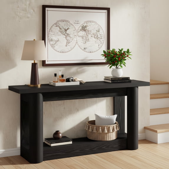 63-Inch Farmhouse Console Table, Narrow Long 2-Tier Storage Sofa Table Behind Couch For Hallway, Entrance & Living Room (Black)