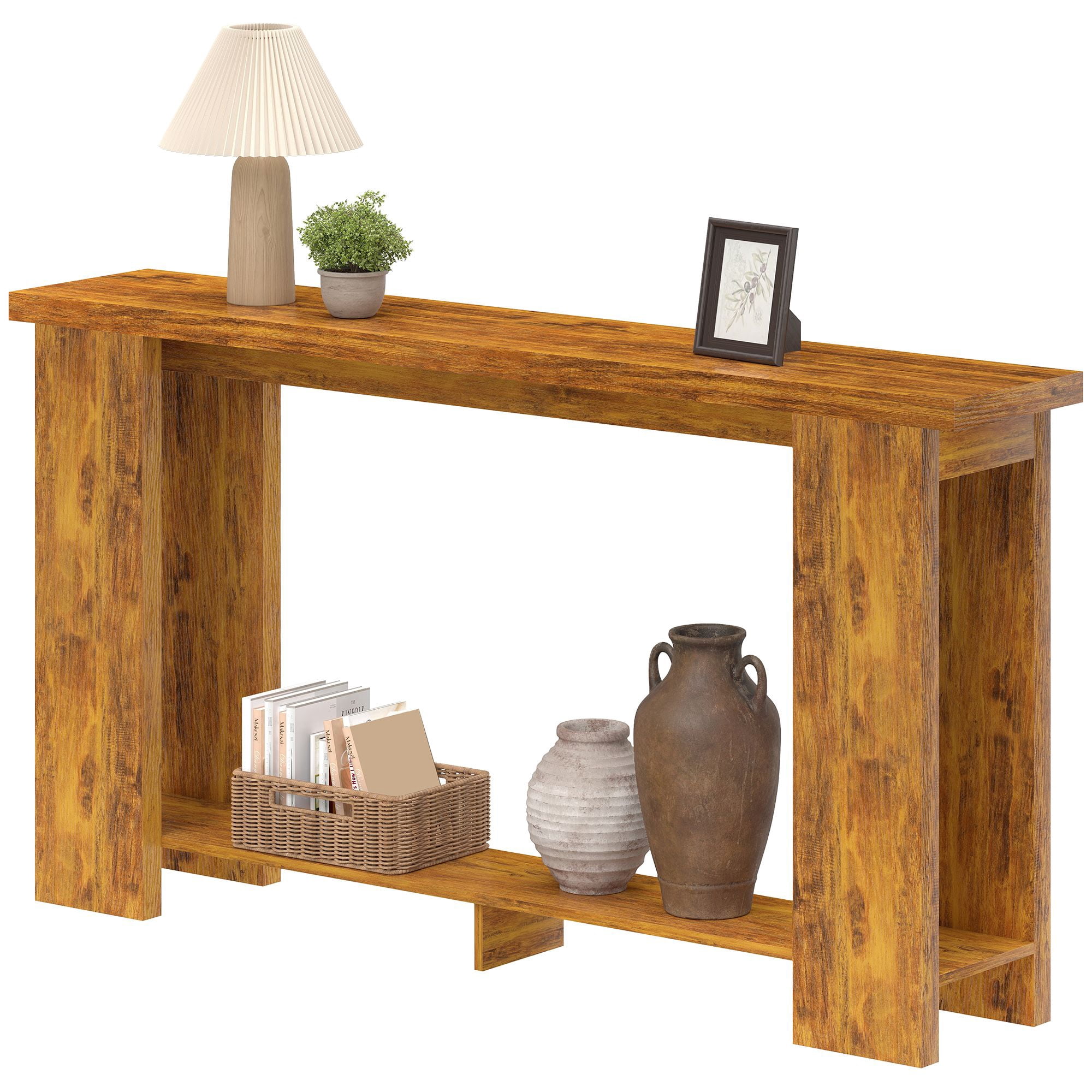 63 Inch Farmhouse Console Table Narrow Sofa Table, Rustic Wood Grain Entryway Table with Lower Storage Shelf, Thick Tabletop Supports 77lbs for Hallway Living Room