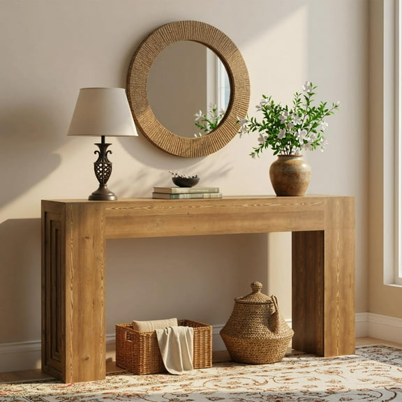 63-Inch Farmhouse Console Table, Natural Brown Narrow Sofa Table Behind Couch With Hidden Hardware, Sturdy MDF Top For Living Room, Entryway, Hallway, Foyer