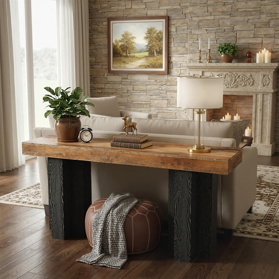 63-Inch Farmhouse Console Table, Rustic Brown & Black Narrow Sofa Table With Spacious Top, Sturdy Legs For Entryway, Living Room, Hallway, Foyer