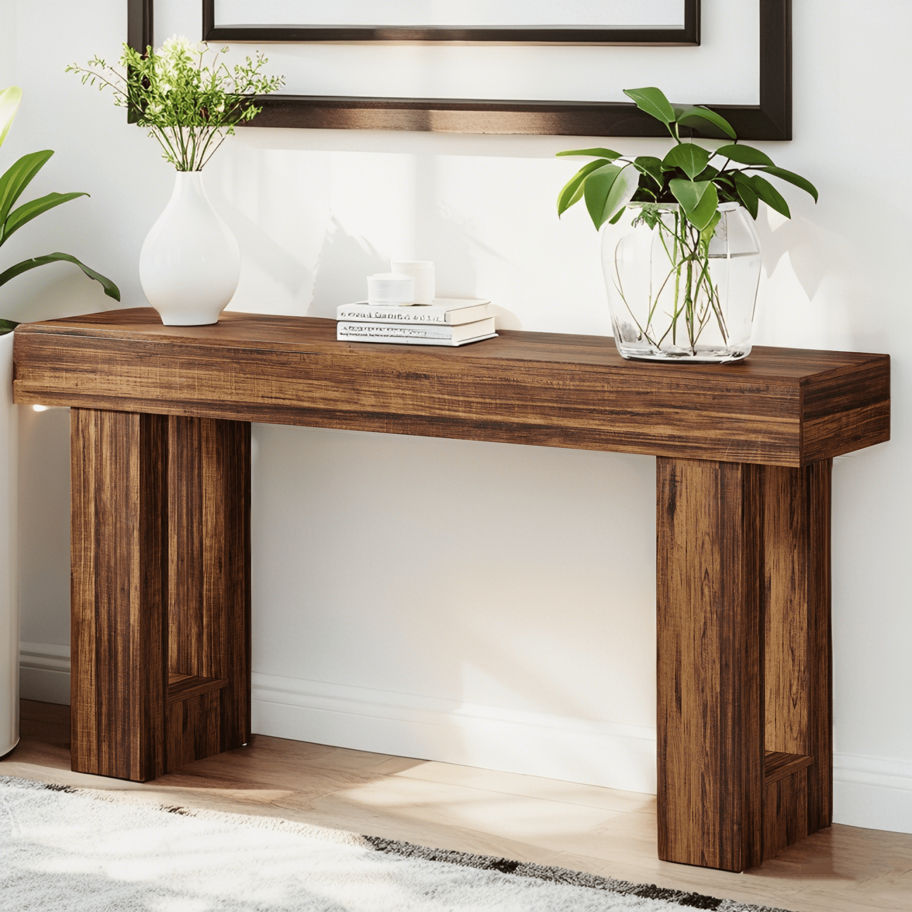 63-Inch Farmhouse Console Table, Rustic Wooden Sofa Table for Entryway, Living Room & Hallway with Stable Design
