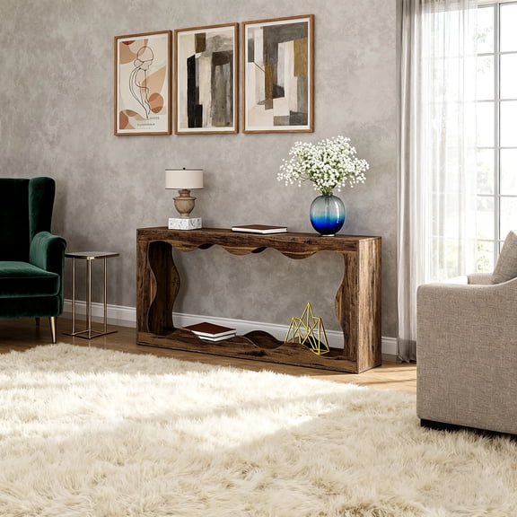 63-Inch Farmhouse Console Table with Storage for Behind Couch, Brown Entryway & Hallway Table, Narrow Sofa Console for Living Room