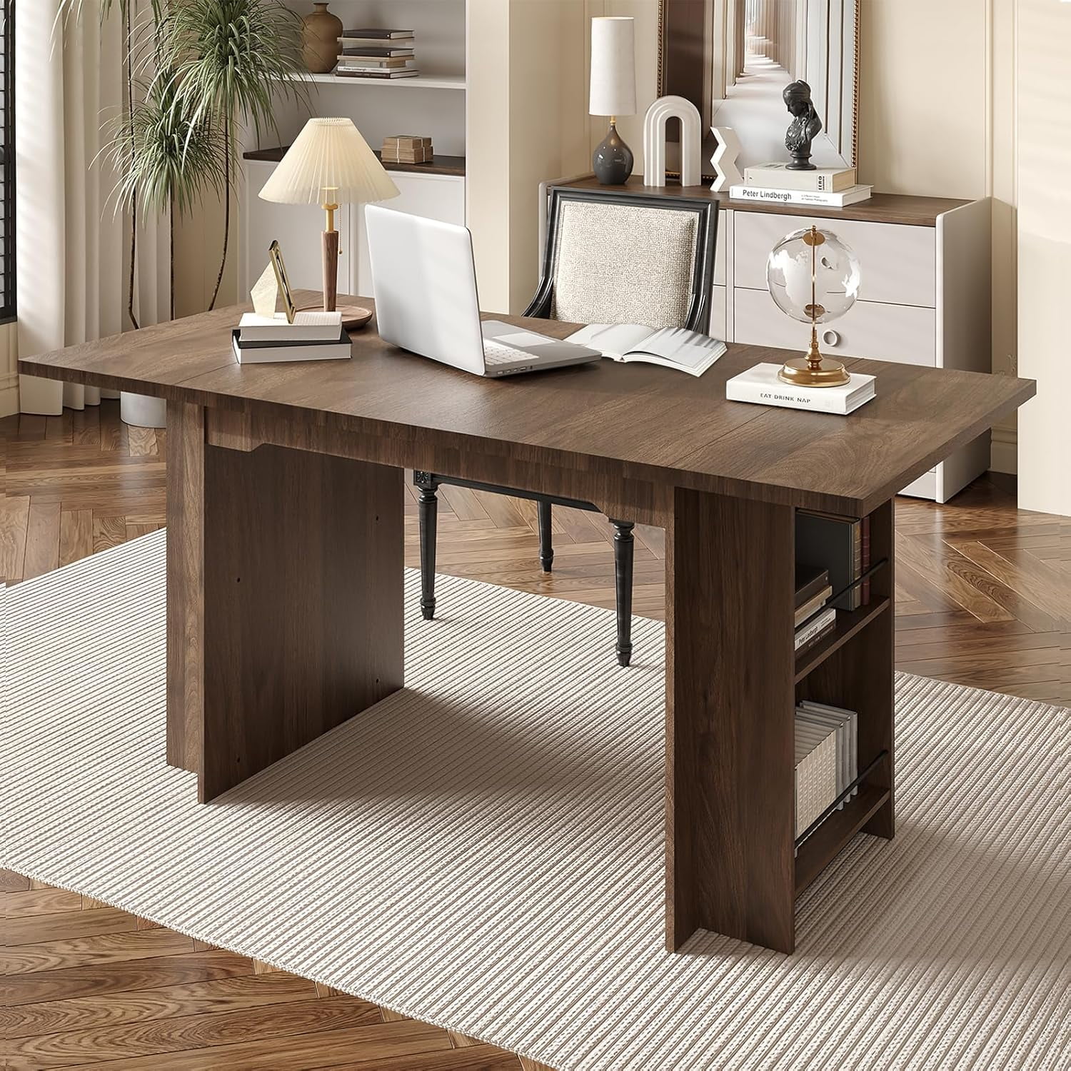 63 Inch Farmhouse Dining Table with 4 Storage Shelves, Seats 4-6 ...