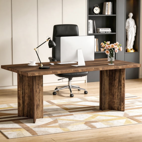 63 Inch Farmhouse Executive Desk Vintage Computer Desk Large Wood Writing Desk Conference Table Workstation For Home Office Study (Dark Brown)