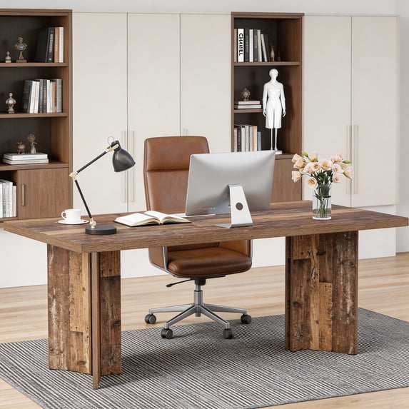 63 Inch Farmhouse Executive Desk Vintage Computer Desk Large Wood Writing Desk Conference Table Workstation For Home Office Study (Distressed Brown)