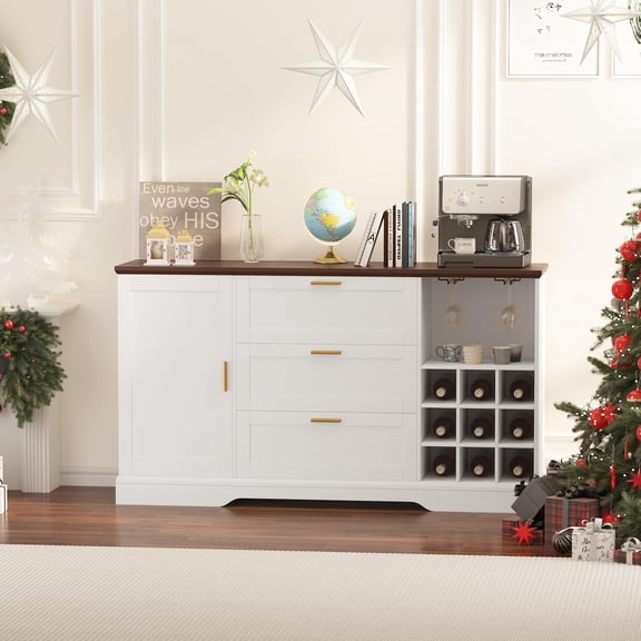 63 Inch Farmhouse Sideboard Buffet with Wine Rack, Adjustable Shelves and Drawer, Kitchen Island Storage Cabinet for Entryway, Dining Room, White and Walnut