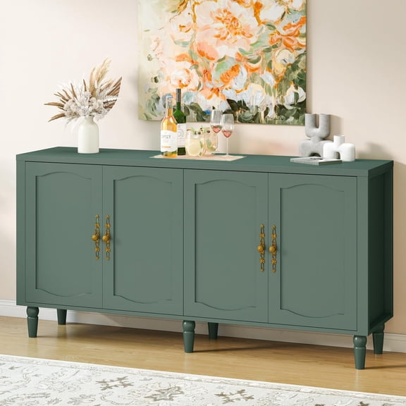 63-Inch Forest Green Mid-Century Modern Sideboard Buffet with Carved Handle and Adjustable Shelves